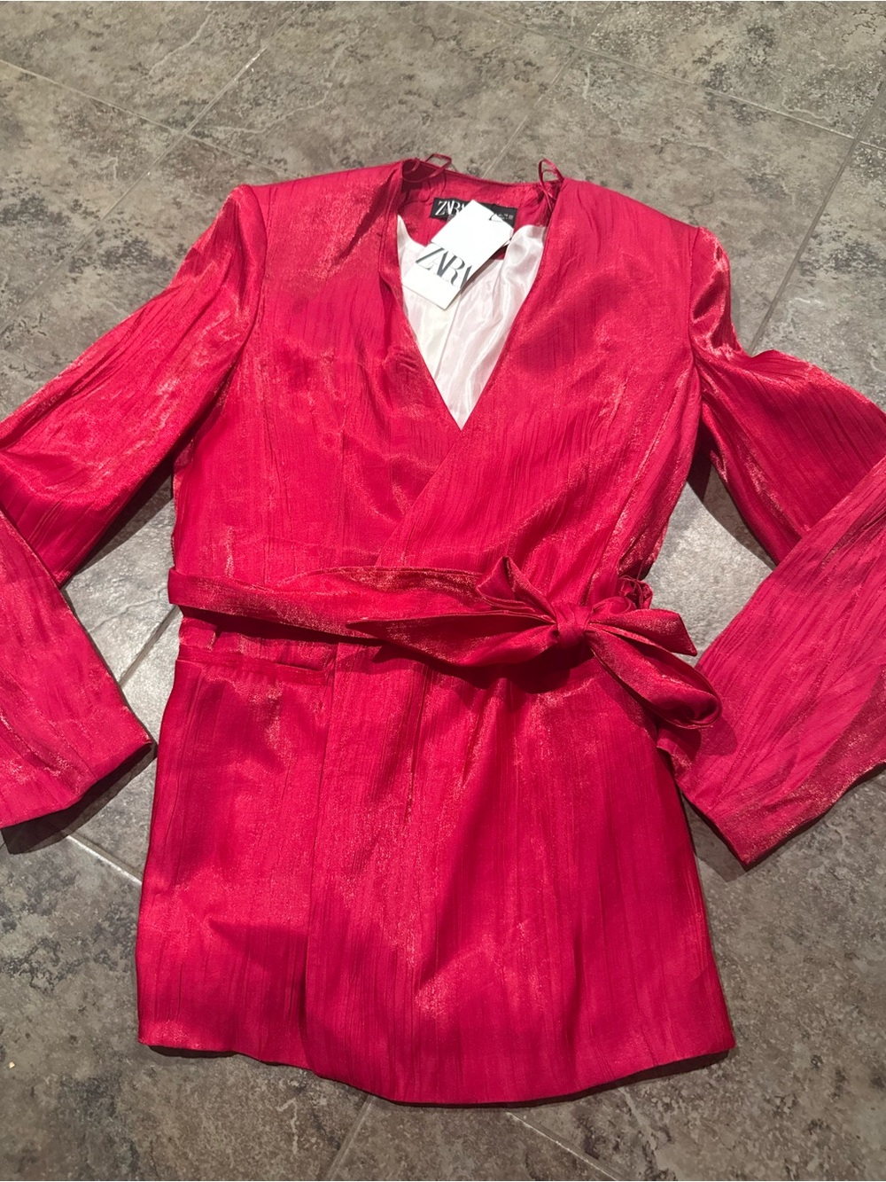 🥦Zara Double Breasted Belted Tie Blazer Womens Medium Shiny Fuchsia Hot Pink